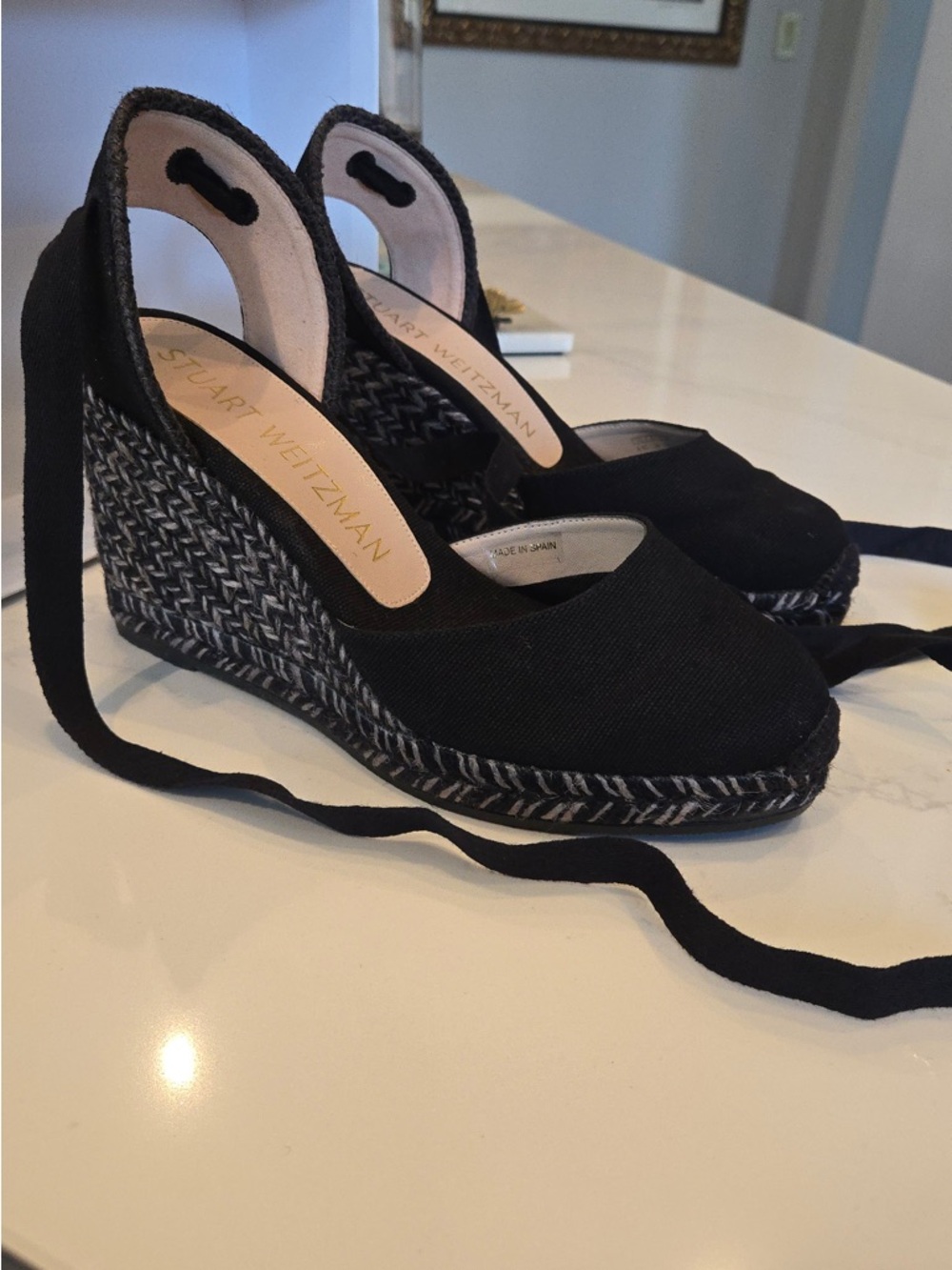 Stuart Weitzman Black Espadrille Tie-Wedge Sandals